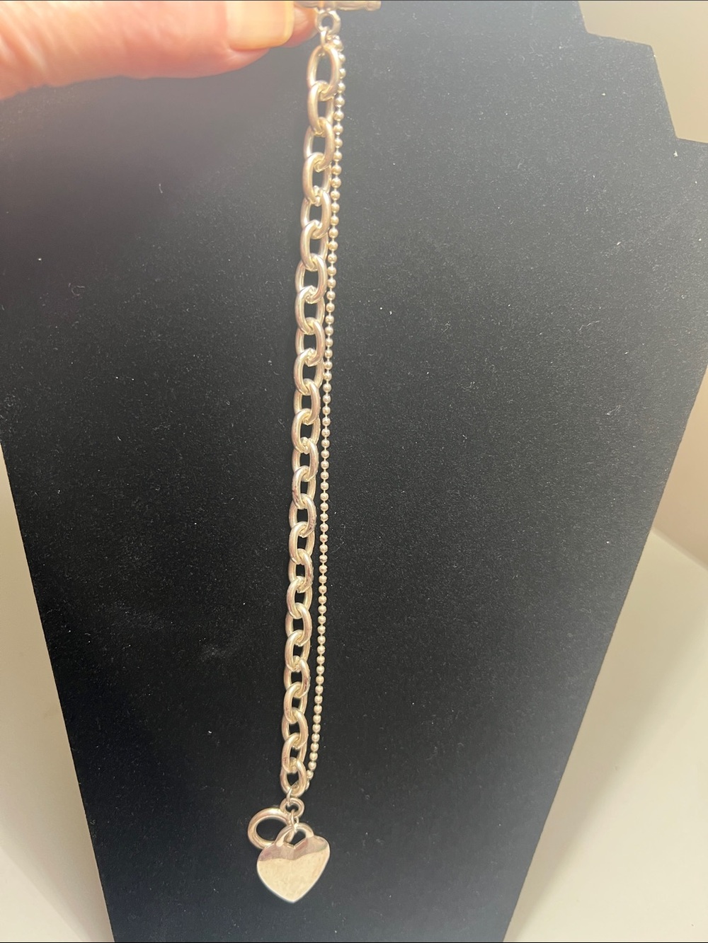 Silver Heart Pendant Double-Chain Bracelet - Estate Vintage